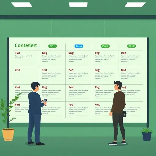 animated content calendar board with weekly slots, tags like blog/video/