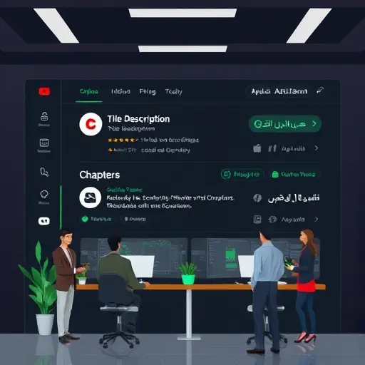 professional illustration of YouTube SEO panel with title, description, tags, and chapters, animated UI elements, dark theme with green accents, clean, text-free