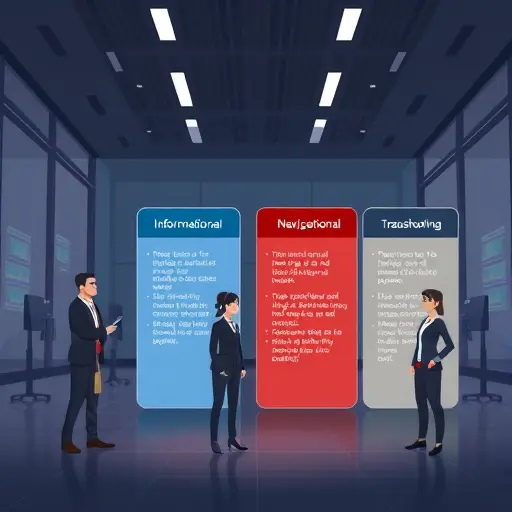 animated diagram of user intent categories for FAQs, four columns labeled informational, navigational, transactional, troubleshooting (text-free visual)
