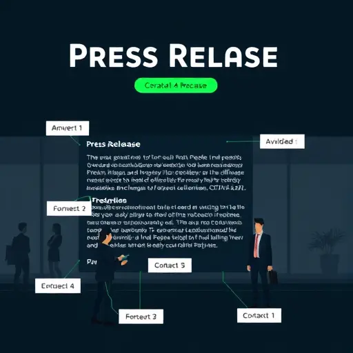 clean illustration of a press release layout with labeled sections: headline, lead paragraph, quote block, CTA button, contact info;