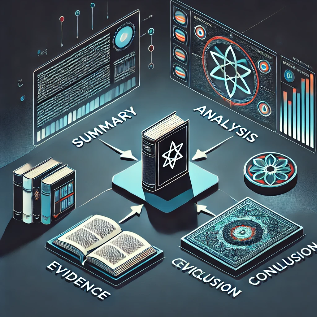 clean illustration showing a structured book review framework: four labeled blocks (Summary, Analysis, Evidence, Conclusion)