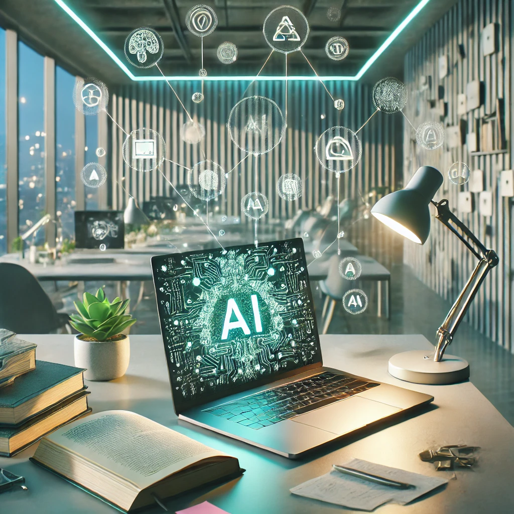 (chat bubbles, neural network nodes), open book, sticky notes, green accent palette matching #94d3a2