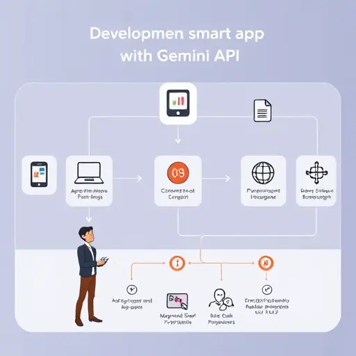 animated flowchart illustrating development workflow for smart app with Gemini API: app frontend, API requests, error handling, response rendering, efficiency icons, text-