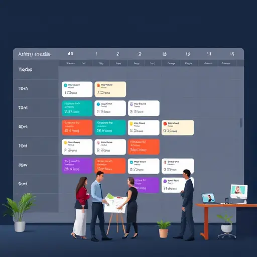 clean animated Gantt-style schedule with multiple tracks, color-coded blocks for sessions and breaks, AI spark icon optimizing the layout, dark mode, text-free