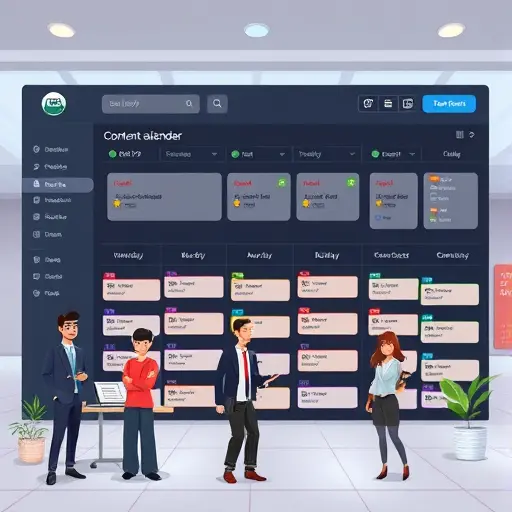 animated content calendar dashboard on a dark theme, weekly schedule blocks, tags for pillar and cluster articles, clean design, technology icons, text-free