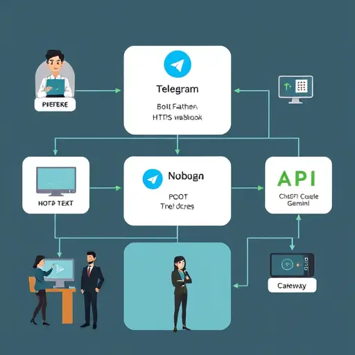 animated flow diagram of a Telegram AI bot architecture, showing Telegram BotFather token, HTTPS webhook, Node.js server, and AI API (ChatGPT, Claude, Gemini) connected through a gateway;