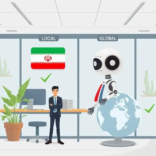 modern cartoon illustration showing a comparison between two chatbot API solutions, with an Iranian flag motif for local solution, checkmarks for local benefits, and globe/server for global API, no text