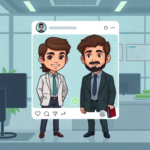 cartoon style illustration of two AI-generated profile pictures displayed on social media interface, green accent highlights, technology-inspired decoration, no text