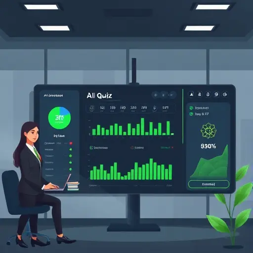 cartoon-style dashboard showing AI quiz results with adaptive difficulty, biology icons (leaf, DNA helix, neuron), dark theme, green highlights, clean minimal UI, no text