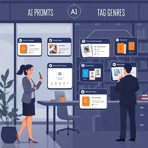 animated AI prompt cards for book recommendation, tag clouds for genres, dark tech UI, clean illustration, no text