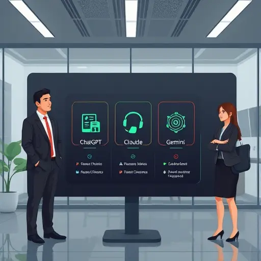 animated interface showing multiple AI models in a side-by-side comparison (symbolic icons for ChatGPT, Claude, Gemini)