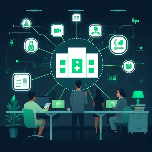 abstract illustration of AI analyzing EHR data streams and lab reports, neural network lines connecting to hospital icons, dark theme with green highlights, clean, text-free