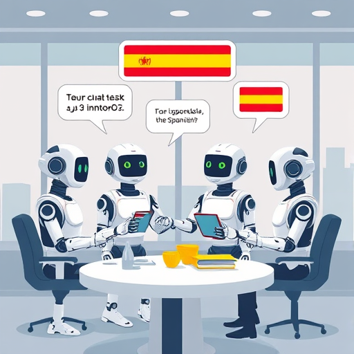 minimalist animation depicting multiple AI chatbots collaborating to teach Spanish, showing icon bubbles for grammar, vocabulary, conversation, and personalized learning plans;