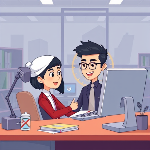 cartoon style animation of a happy Iranian student practicing Spanish conversation with an AI chatbot on a computer, confidence boost symbol (e.g., shining aura)