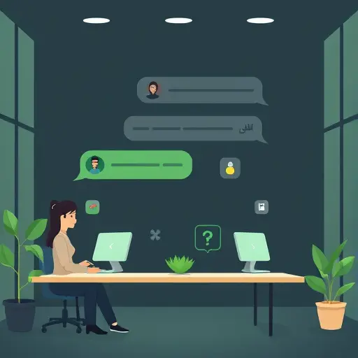 calming AI chat companion illustration, dark theme UI with soft green accent, animated character chat bubbles, mindfulness icons (lotus, breathing, timer)