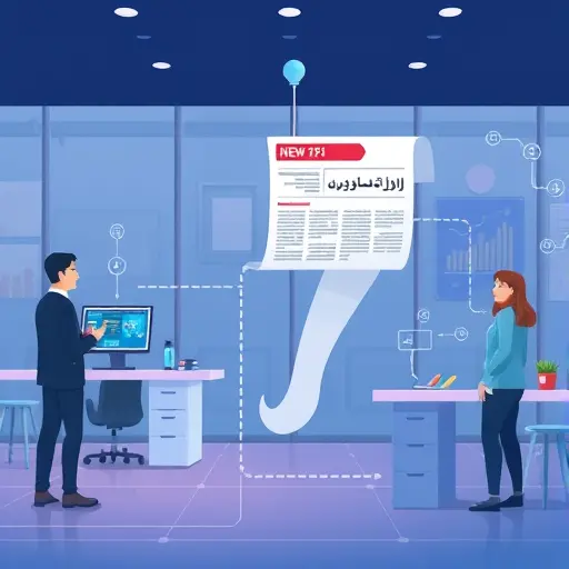 abstract illustration showing news article flowing into an API engine and outputting a concise summary, tech cartoon style, text-