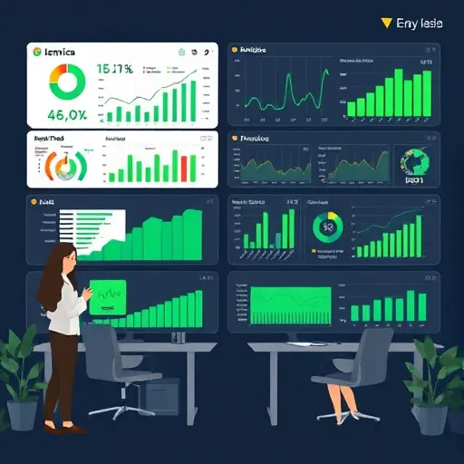 dashboard-style data analysis illustration: charts, tables, OCR extracting from scanned document, dark theme, green highlights, clean, text-free