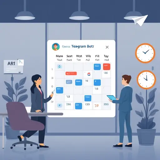 illustration of a Telegram bot scheduling posts on a calendar, dark theme UI, AI icons (chat bubbles, clock, paper plane)