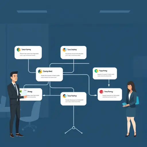 animated flow of automated Telegram replies, decision nodes, sentiment icons (happy/neutral/alert)