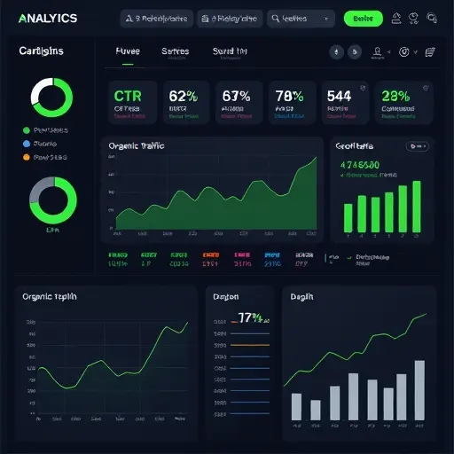dark theme analytics dashboard illustration, KPI badges for CTR, conversions, organic traffic, scroll depth;; green accent #94d3a2; modern charts; professional; text-free