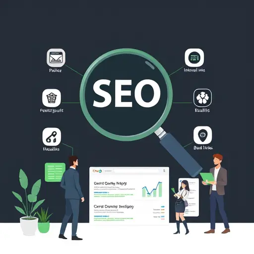 SEO tracking illustration: magnifying glass over SERP results, icons for featured snippet, PAA, internal links, backlinks, Core Web Vitals; dark background; green accent #94d3a2; clean, professional; no text