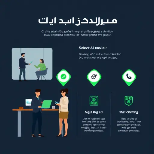 step-by-step animated infographic: sign up, select AI model, start chatting, with icons for text, image, and audio generation, dark theme, green accent, minimalist, no text