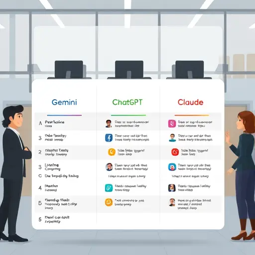 animated comparison chart of Gemini, ChatGPT, and Claude, showing unique features as colorful icons (text, image, audio)