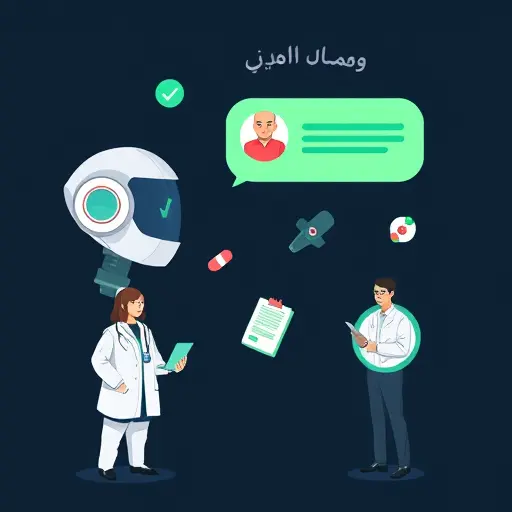 abstract medical chatbot concept, animated icons of stethoscope, lab report, pills and clock for urgency, dark background with green accent (#94d3a2)