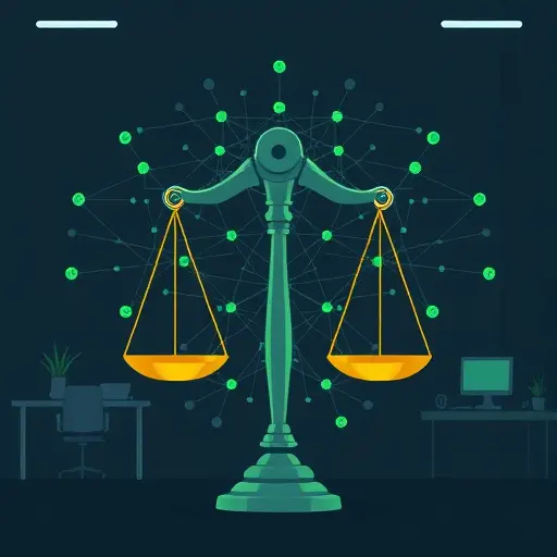 abstract illustration of AI bias with a neural network and the scales of justice, dark theme matching #171717 background, green accents #94d3a2