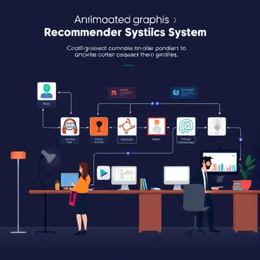 animated illustration of an ecommerce recommender system pipeline: user events, feature store, hybrid models (collaborative + content-based + embeddings), real-