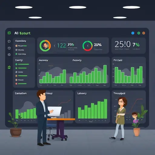 cartoon style illustration of an AI evaluation dashboard on a dark UI, showing metrics like accuracy, precision, recall, F1, ROC-AUC, latency and throughput, green accent colors matching #94d3a2