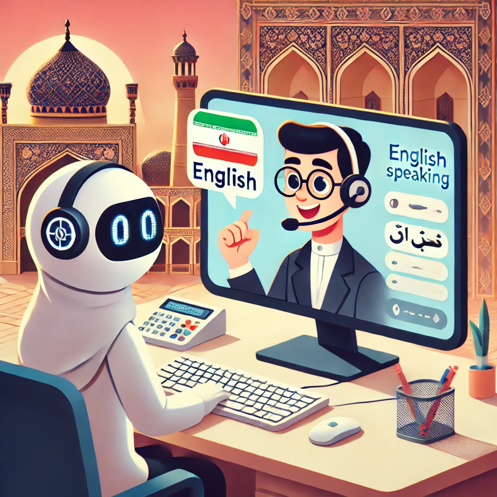 illustration of animated chatbot practicing English speaking with a student using a headset and microphone, technology and language learning, friendly cartoon style, no text