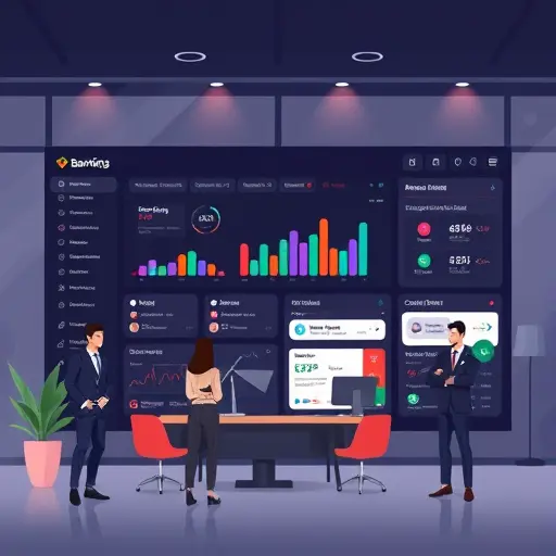 animated illustration of a banking personalization dashboard showing customer segments, recommended offers, and next-best-action cards;