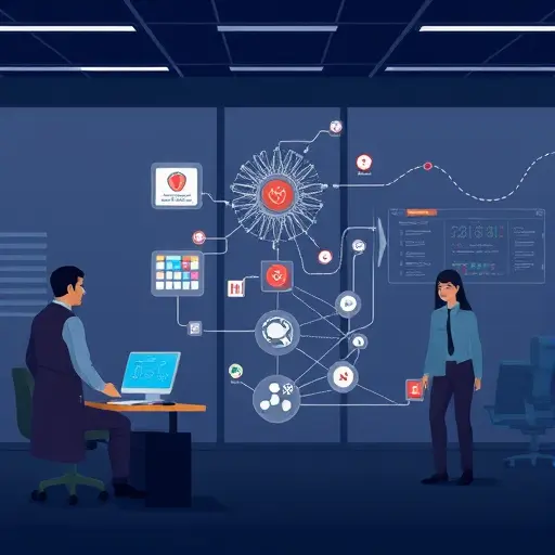 animated illustration of a personalized medicine pipeline: EHR cards, lab results, imaging icons flowing into a neural network; output shows treatment recommendations and risk scores;