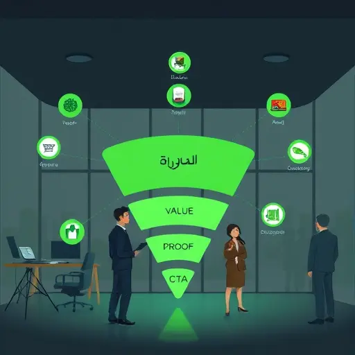 abstract representation of keyword clustering and content structure, nodes connected with lines forming a clear funnel (hook, value, proof, CTA), minimal dark UI, green accent tones, text-free