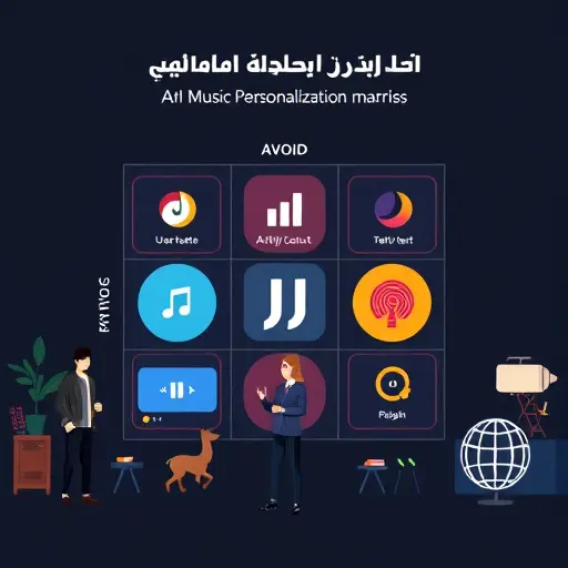 illustration of an AI music personalization matrix combining user taste, activity context, and language preferences; dark #171717 background, #94d3a2;
