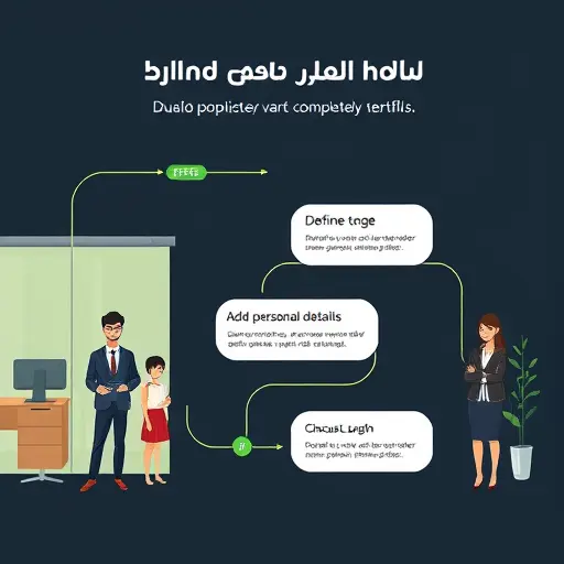 cartoon style workflow illustration showing steps: define tone, add personal details, choose length, refine;