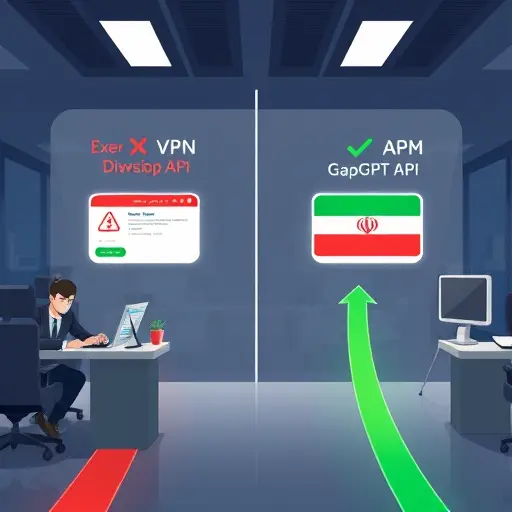 animated illustration comparing two paths:(blocked, error icons, slow network), versus direct access to GapGPT API with smooth green arrows and check marks..