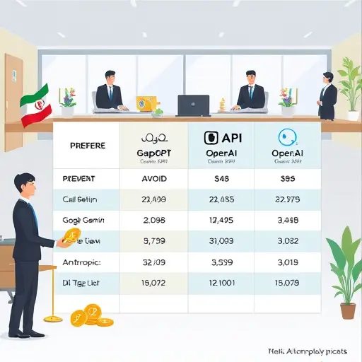 animated matrix-style price comparison between AI API providers (GapGPT, OpenAI, Google Gemini, Claude/Anthropic), each represented by icons, Iranian payment elements (Rial/) for GapGPT, cartoon infographic style, no text