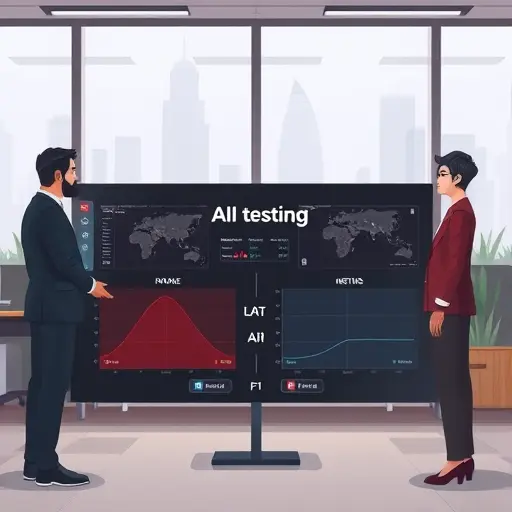 clean animated A/B testing comparison panel with two AI outputs side-by-side, toggle for metrics (accuracy, recall, F1)
