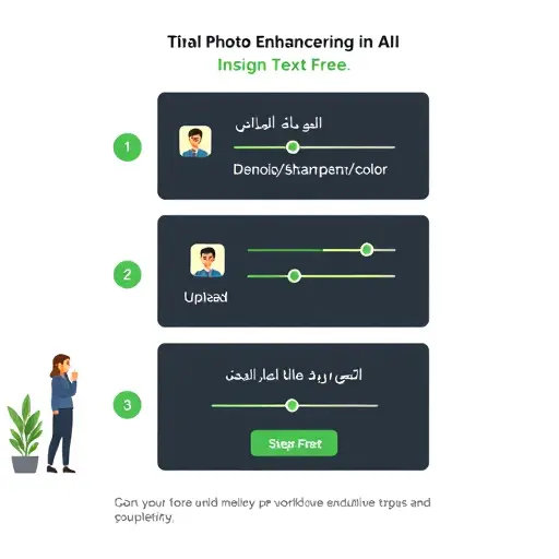 animated step-by-step illustration of an AI photo enhancement workflow: upload icon, sliders for denoise/sharpen/color, and export button;