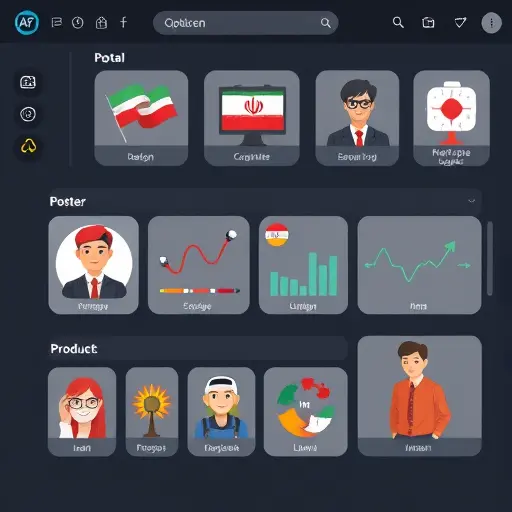illustrated set of icons for AI logo design, poster creation, portrait avatar, and product packshot on a clean dark dashboard;