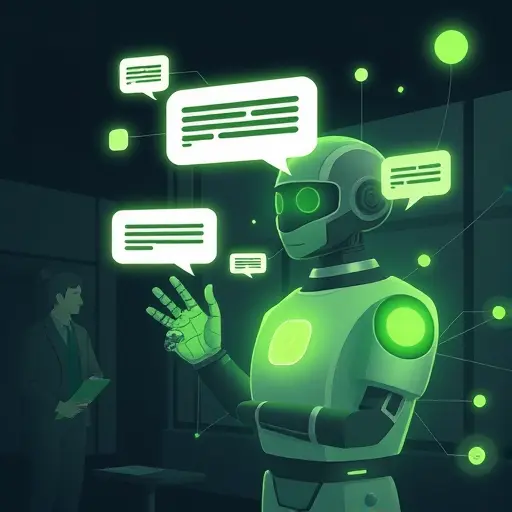 abstract illustration of a conversational AI chatbot with glowing chat bubbles and neural network lines, dark theme, green accent colors matching #94d3a2