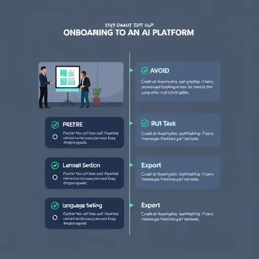 step-by-step checklist illustration for onboarding to an AI platform, dark UI cards with green highlights, minimal icons for signup, model selection, language setting, run task, export, clean and text-free