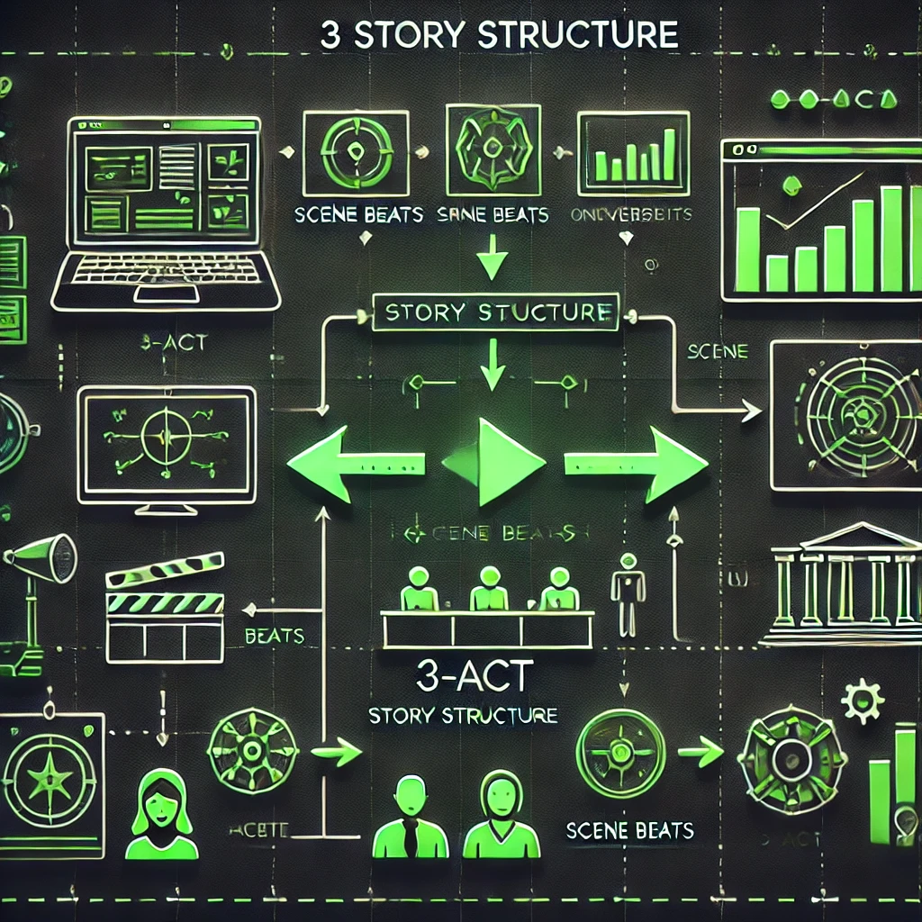 flowchart-style illustration of a 3-act story structure (Act I, II, III) with arrows and scene beats, neon green accents on dark background, clean vector, cinematic lighting, no text