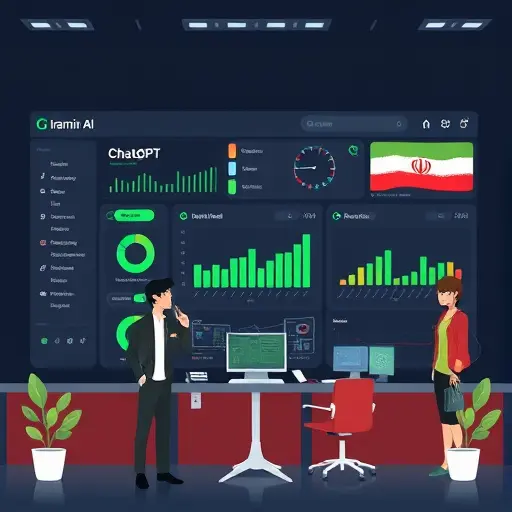 dashboard illustration of an Iranian AI platform switching between Gemini, ChatGPT, Claude models, dark theme, green accent, minimal icons, no text
