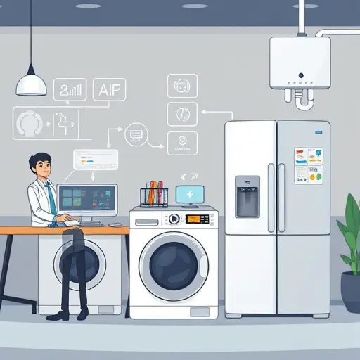 cartoon-style illustration of home appliances (washing machine, fridge, water heater) with AI diagnostic icons and step-by-