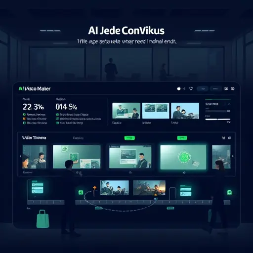 sleek animated illustration of an AI video maker workflow, dark UI, green accents, showing steps: