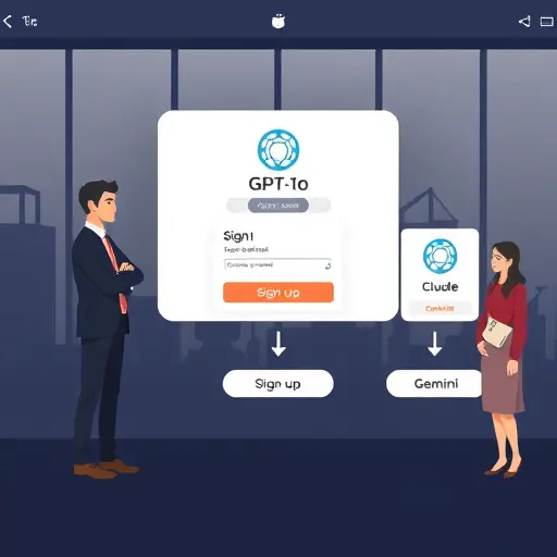 clean onboarding flow illustration for an Iranian AI platform, animated UI cards showing sign-up, model selection (GPT-4o, Claude, Gemini)