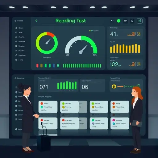 animated illustration of an AI reading test dashboard: stopwatch icon, WPM gauge, comprehension quiz cards;